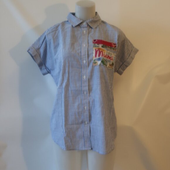 NWT Womens Romi Basha Blue, White Striped "Miami" Button Down Shirt S* - Picture 2 of 7